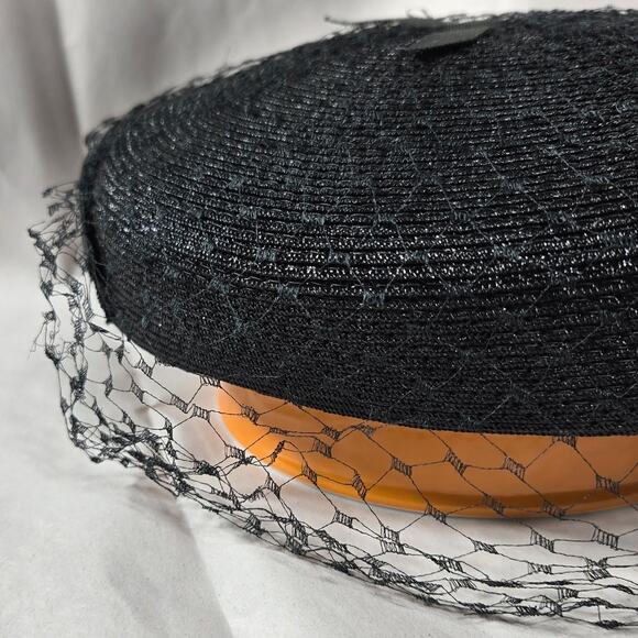 Valerie Modes 1950s Black Pillbox Hat with Veil Vintage Fascinator - Picture 2 of 12